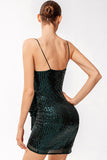 Lovefery Sparkly Deep V Spaghetti Strap Draped Ruffle Sequin Party Mini Dress - Dark Green