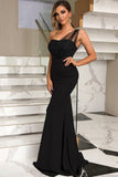 Lovefery Sparkly Draped Tulle One Shoulder Fishtail Evening Maxi Dress - Black