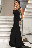 Lovefery Sparkly Draped Tulle One Shoulder Fishtail Evening Maxi Dress - Black