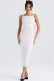 Lovefery Sparkly Fringe Boat Neck Bodycon Sleeveless Satin Midi Dress - White