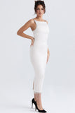 Lovefery Sparkly Fringe Boat Neck Bodycon Sleeveless Satin Midi Dress - White