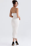 Lovefery Sparkly Fringe Boat Neck Bodycon Sleeveless Satin Midi Dress - White