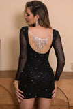 Sparkly Fringe Open Back Long Sleeve Bodycon Party Mini Dress - Black