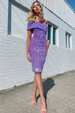 Lovefery Sparkly One Shoulder Bodycon Velvet Sequin Midi Dress - Purple