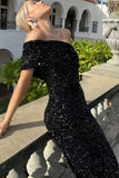 Lovefery Sparkly One Shoulder Bodycon Velvet Sequin Midi Dress - Black