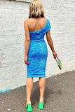 Lovefery Sparkly One Shoulder Bodycon Velvet Sequin Midi Dress - Blue