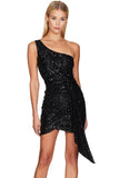 Lovefery Sparkly One Shoulder Draped Sequin Mini Dress - Black