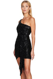 Lovefery Sparkly One Shoulder Draped Sequin Mini Dress - Black