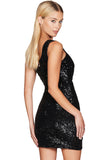 Lovefery Sparkly One Shoulder Draped Sequin Mini Dress - Black