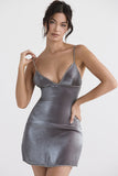 Lovefery Sparkly Rhinestone Deep V Spaghetti Strap Slip Mini Dress - Silver Gray