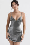 Lovefery Sparkly Rhinestone Deep V Spaghetti Strap Slip Mini Dress - Silver Gray