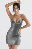 Lovefery Sparkly Rhinestone Deep V Spaghetti Strap Slip Mini Dress - Silver Gray