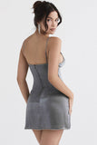 Lovefery Sparkly Rhinestone Deep V Spaghetti Strap Slip Mini Dress - Silver Gray