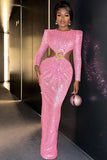 Sparkly Rhinestone Flower Puff Sleeve Cut Out Sequin Maxi Dress - Pink