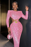 Sparkly Rhinestone Flower Puff Sleeve Cut Out Sequin Maxi Dress - Pink