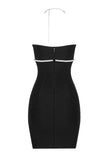 lovefery Sparkly Rhinestone Halter Neck Bandage Cocktail Party Mini Dress - Black