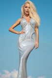 lovefery Sparkly Rhinestone Plunge Snake Halter Neck Sequin Maxi Dress - Silver