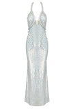 lovefery Sparkly Rhinestone Plunge Snake Halter Neck Sequin Maxi Dress - Silver