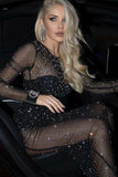 Sparkly Rhinestone Round Neck Long Sleeve Split Sheer Mesh Maxi Dress - Black