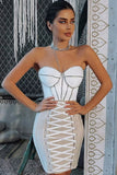 Lovefery Sparkly Rhinestone Strapless Lace Up Bodycon Bandage Mini Dress - White