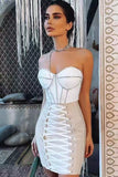 Lovefery Sparkly Rhinestone Strapless Lace Up Bodycon Bandage Mini Dress - White