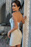 Lovefery Sparkly Rhinestone Strapless Lace Up Bodycon Bandage Mini Dress - White