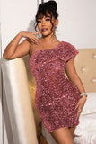 Lovefery Sparkly Ruffle One Shoulder Velvet Sequin Party Mini Dress - Pink