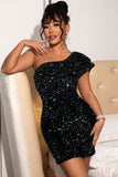 Lovefery Sparkly Ruffle One Shoulder Velvet Sequin Party Mini Dress - Black