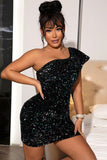 Lovefery Sparkly Ruffle One Shoulder Velvet Sequin Party Mini Dress - Black