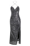 lovefery Sparkly Sequin Halter Cowl Neck High Slit Evening Maxi Dress - Silver