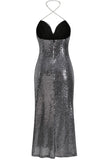 lovefery Sparkly Sequin Halter Cowl Neck High Slit Evening Maxi Dress - Silver