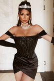 Lovefery Sparkly Sequin Off Shoulder Satin Corset Club Mini Dress - Black