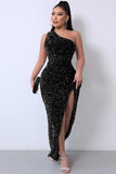 Lovefery Sparkly Sequin One Shoulder High Split Evening Maxi Dress - Black