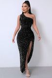 Lovefery Sparkly Sequin One Shoulder High Split Evening Maxi Dress - Black