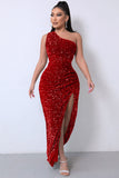 Lovefery Sparkly Sequin One Shoulder High Split Evening Maxi Dress - Burgundy