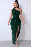 Lovefery Sparkly Sequin One Shoulder High Split Evening Maxi Dress - Emerald Green