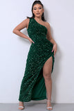 Lovefery Sparkly Sequin One Shoulder High Split Evening Maxi Dress - Emerald Green