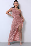 Lovefery Sparkly Sequin One Shoulder High Split Evening Maxi Dress - Pink