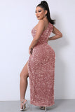 Lovefery Sparkly Sequin One Shoulder High Split Evening Maxi Dress - Pink