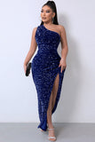 Lovefery Sparkly Sequin One Shoulder High Split Evening Maxi Dress - Royal Blue