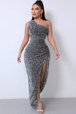 Lovefery Sparkly Sequin One Shoulder High Split Evening Maxi Dress - Gray