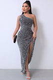 Lovefery Sparkly Sequin One Shoulder High Split Evening Maxi Dress - Gray