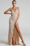 Lovefery Sparkly Sequin Plunging High Split Backless Evening Maxi Dress - Champagne