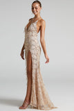 Lovefery Sparkly Sequin Plunging High Split Backless Evening Maxi Dress - Champagne