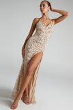 Lovefery Sparkly Sequin Plunging High Split Backless Evening Maxi Dress - Champagne