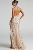 Lovefery Sparkly Sequin Plunging High Split Backless Evening Maxi Dress - Champagne