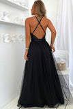 Lovefery Sparkly Sequined Deep V High Split Backless Evening Maxi Dress - Black