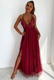 Lovefery Sparkly Sequined Deep V High Split Backless Evening Maxi Dress - Burgundy