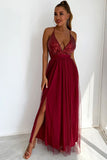 Lovefery Sparkly Sequined Deep V High Split Backless Evening Maxi Dress - Burgundy