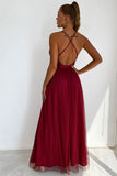 Lovefery Sparkly Sequined Deep V High Split Backless Evening Maxi Dress - Burgundy